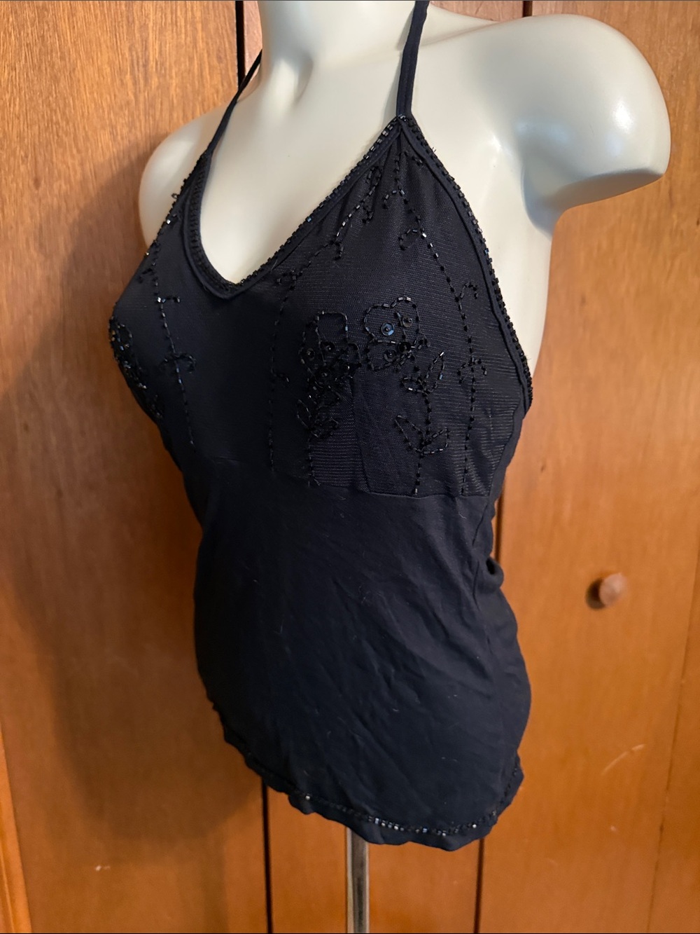 Beaded Black Halter Cami Top - Women's